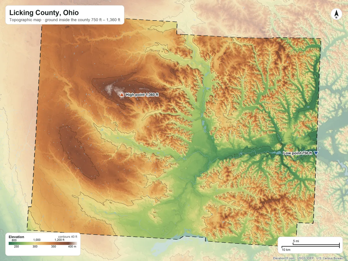 Topographic elevation map of Licking County, Ohio, shaded from 750 ft on the east side to 1,360 ft on the northwest side
