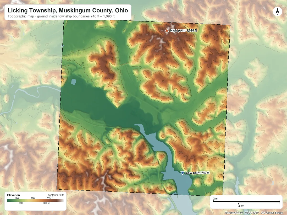 Topographic elevation map of Licking Township, Muskingum County, Ohio, shaded from 740 ft on the south side to 1,090 ft on The Highlands