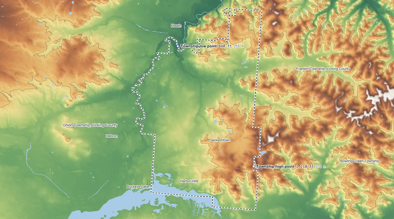 Topographic elevation map of Licking Township, Ohio, shaded from 840 ft on the north side to 1,210 ft on the southeast side