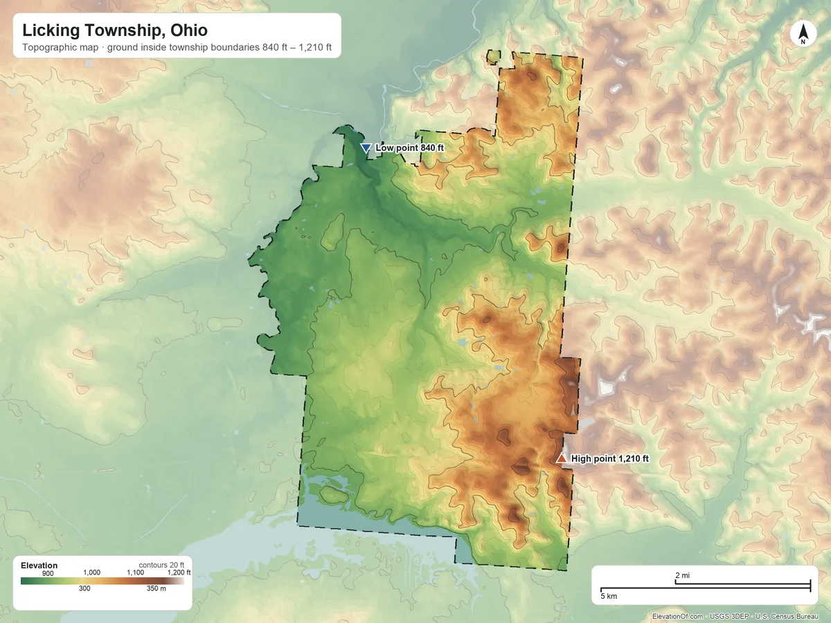 Topographic elevation map of Licking Township, Ohio, shaded from 840 ft on the north side to 1,210 ft on the southeast side