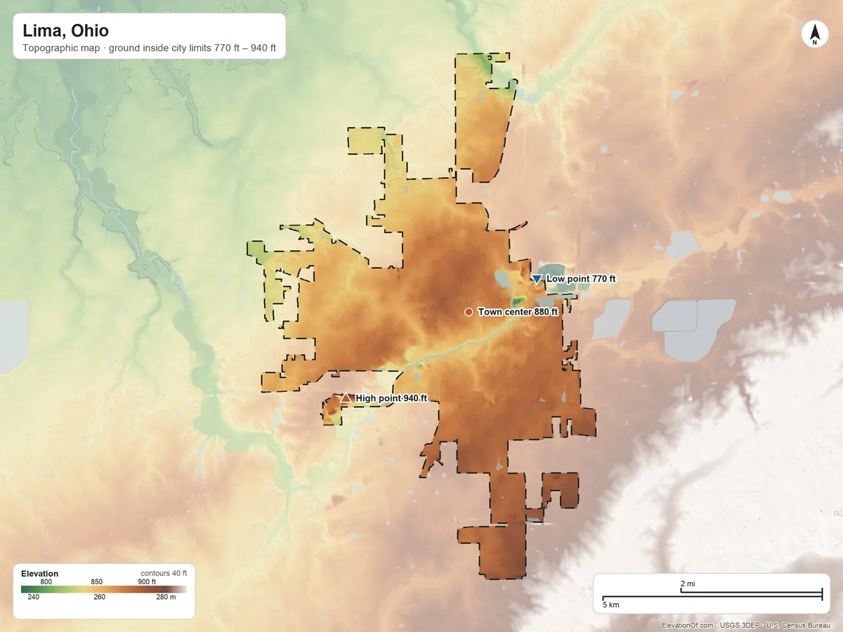 Topographic elevation map of Lima, Ohio, shaded from 770 ft on the northeast side to 940 ft on the southwest side