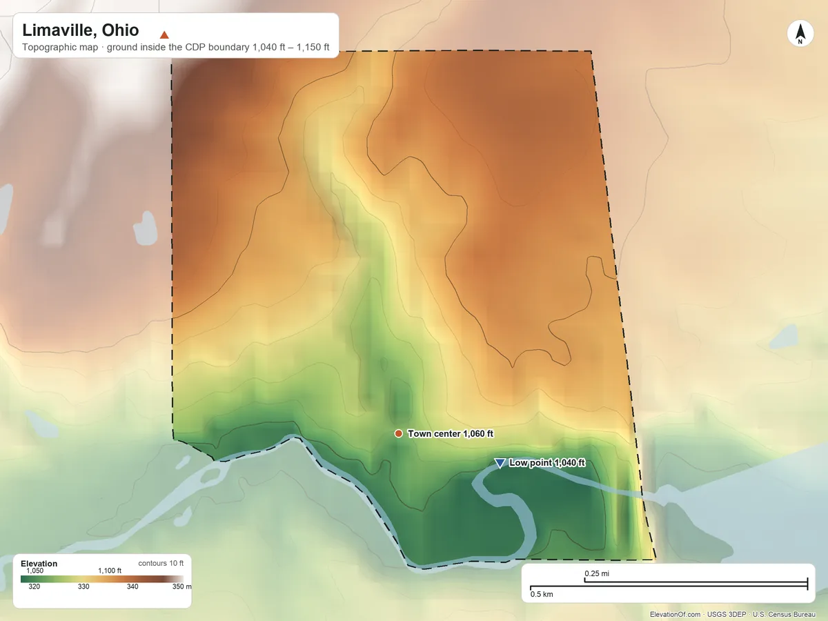 Topographic elevation map of Limaville, Ohio, shaded from 1,040 ft on the east side to 1,150 ft on the northwest side