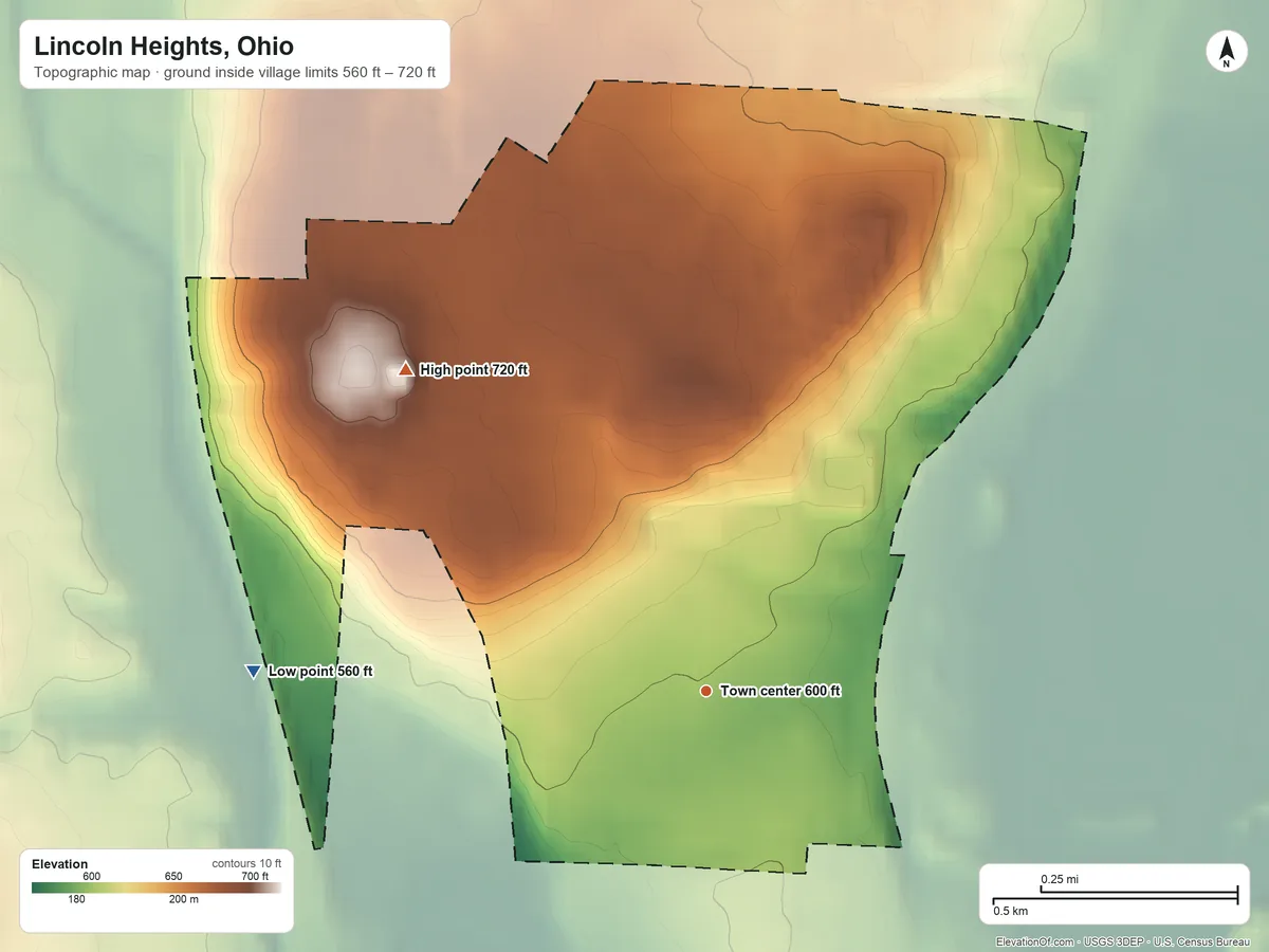 Topographic elevation map of Lincoln Heights, Ohio, shaded from 560 ft on the west side to 720 ft on the northwest side