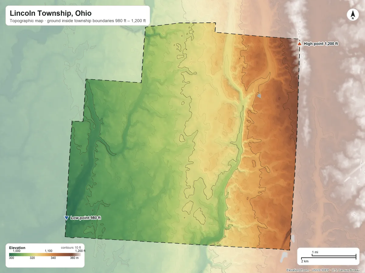 Topographic elevation map of Lincoln Township, Ohio, shaded from 980 ft on the southwest side to 1,200 ft on the northeast side