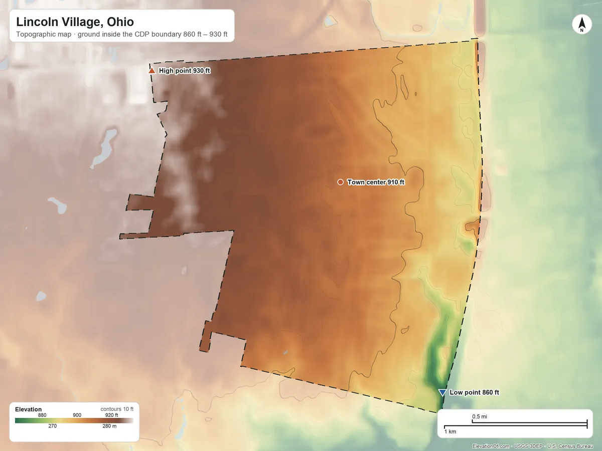 Topographic elevation map of Lincoln Village, Ohio, shaded from 860 ft on the southeast side to 930 ft on the northwest side