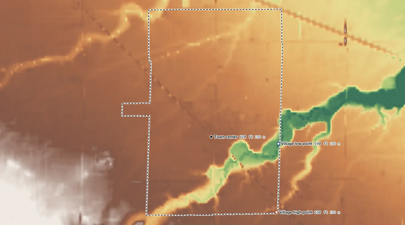 Topographic elevation map of Lindsey, Ohio, shaded from 590 ft on the east side to 630 ft on the southeast side