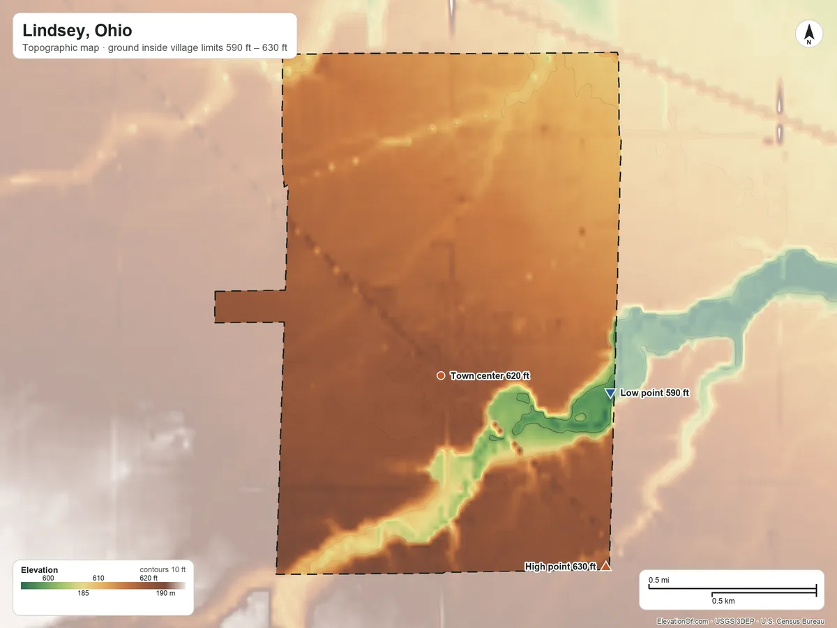 Topographic elevation map of Lindsey, Ohio, shaded from 590 ft on the east side to 630 ft on the southeast side