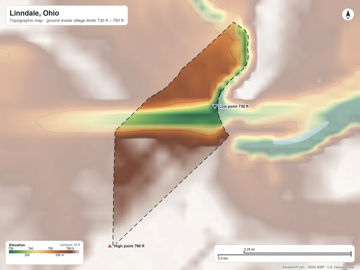 Topographic elevation map of Linndale, Ohio, shaded from 730 ft on the northeast side to 760 ft on the southwest side