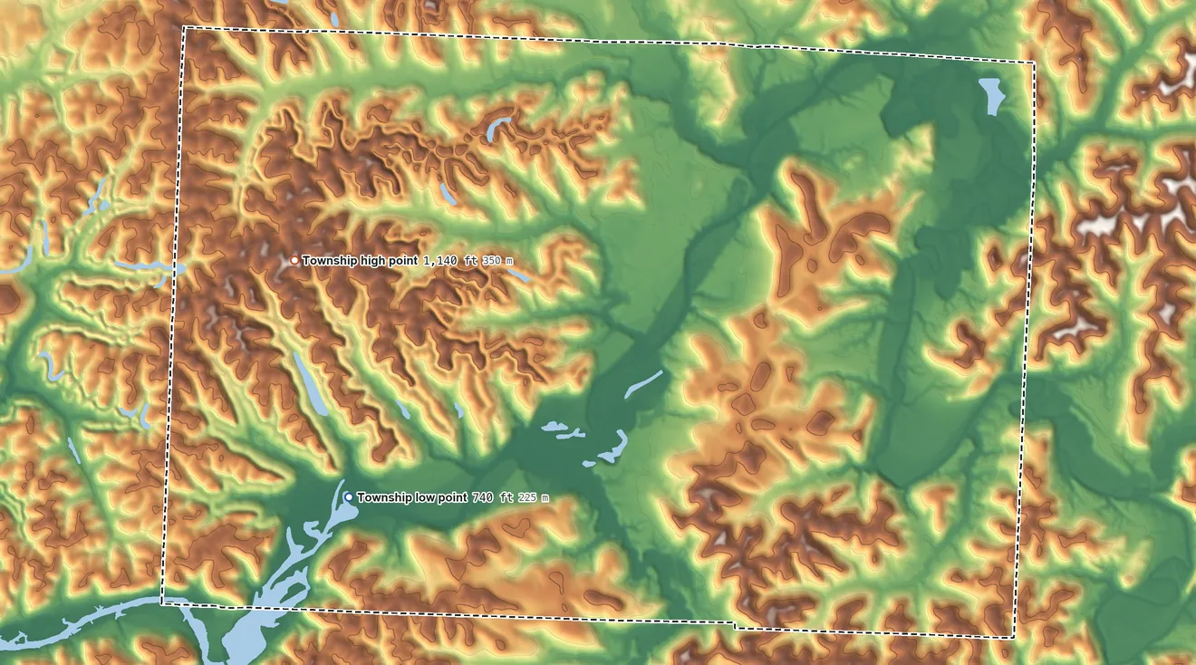 Topographic elevation map of Linton Township, Ohio, shaded from 740 ft on the southwest side to 1,140 ft on the west side