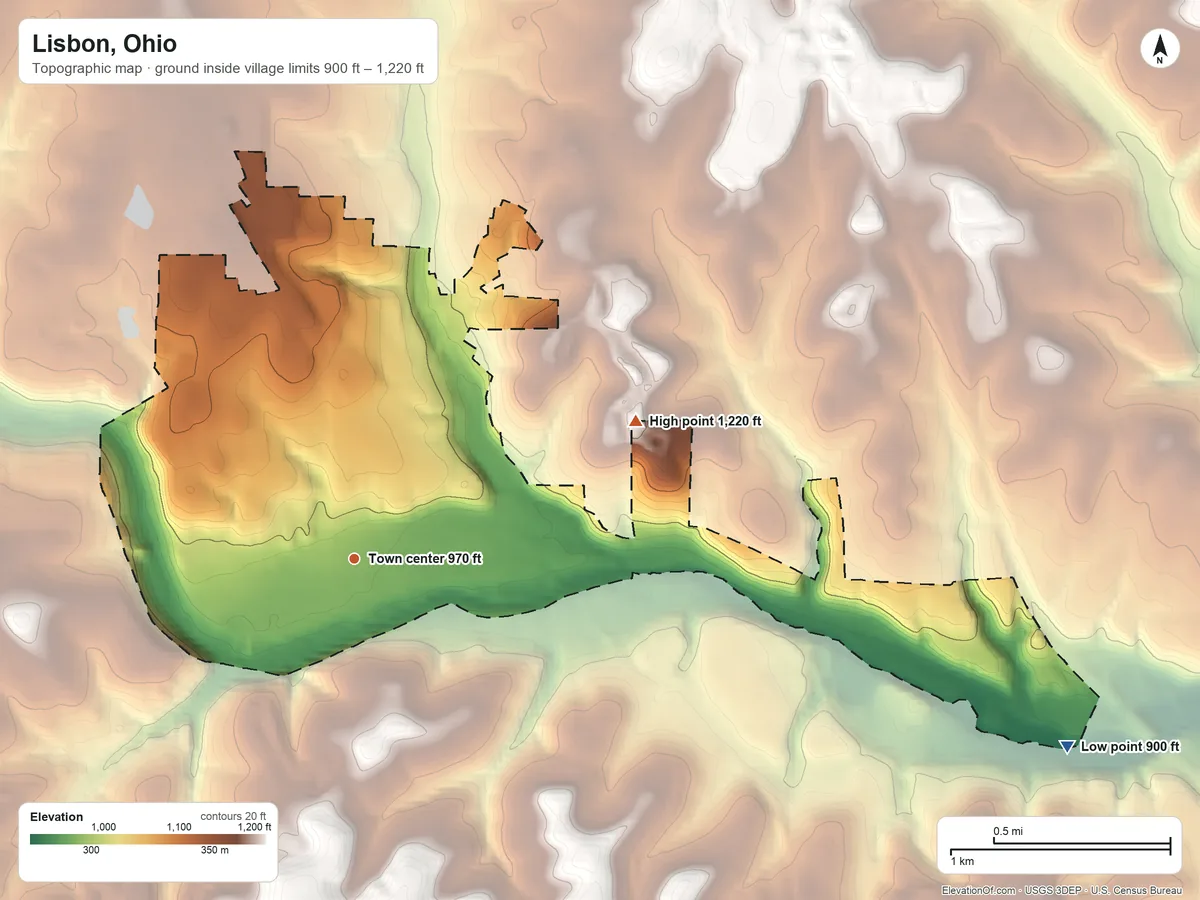 Topographic elevation map of Lisbon, Ohio, shaded from 900 ft on the east side to 1,220 ft on the northeast side