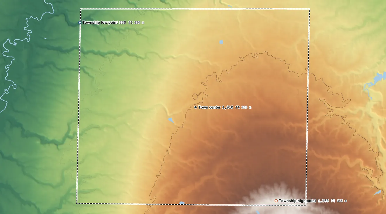 Topographic elevation map of Litchfield Township, Ohio, shaded from 830 ft on the northwest side to 1,160 ft on the southeast side