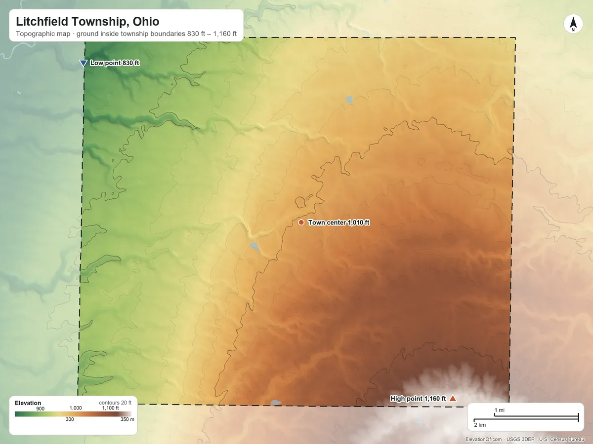 Topographic elevation map of Litchfield Township, Ohio, shaded from 830 ft on the northwest side to 1,160 ft on the southeast side