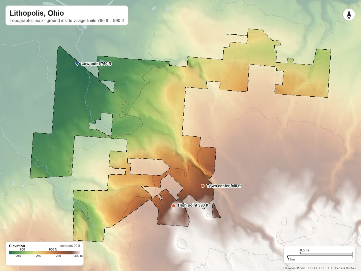 Topographic elevation map of Lithopolis, Ohio, shaded from 760 ft on the northwest side to 990 ft near the middle