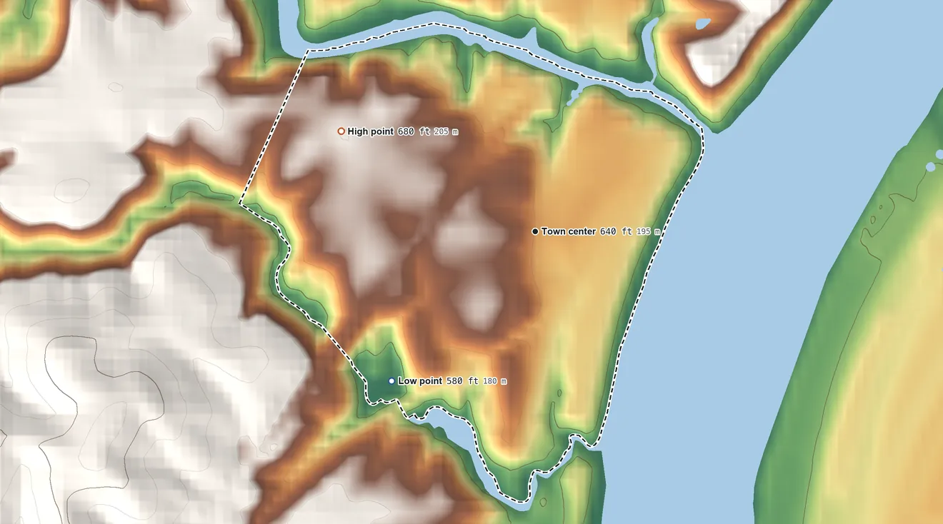 Topographic elevation map of Little Hocking, Ohio, shaded from 580 ft on the southwest side to 680 ft on the northwest side