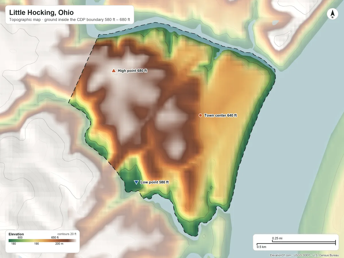 Topographic elevation map of Little Hocking, Ohio, shaded from 580 ft on the southwest side to 680 ft on the northwest side