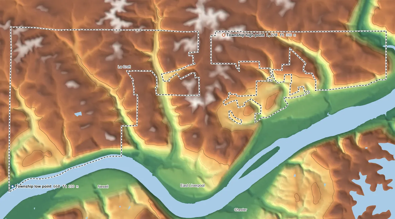 Topographic elevation map of Liverpool Township, Columbiana County, Ohio, shaded from 660 ft on the southwest side to 1,270 ft on the northeast side
