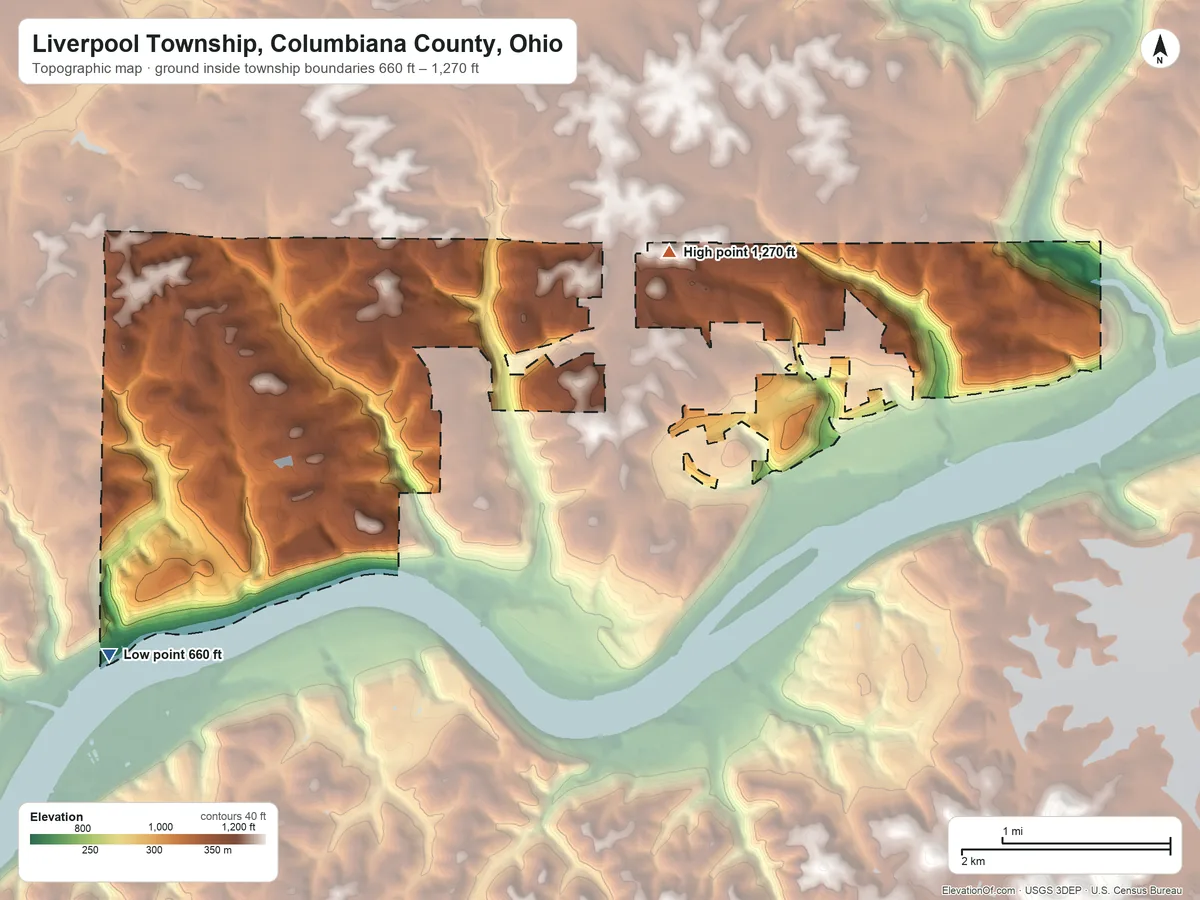 Topographic elevation map of Liverpool Township, Columbiana County, Ohio, shaded from 660 ft on the southwest side to 1,270 ft on the northeast side