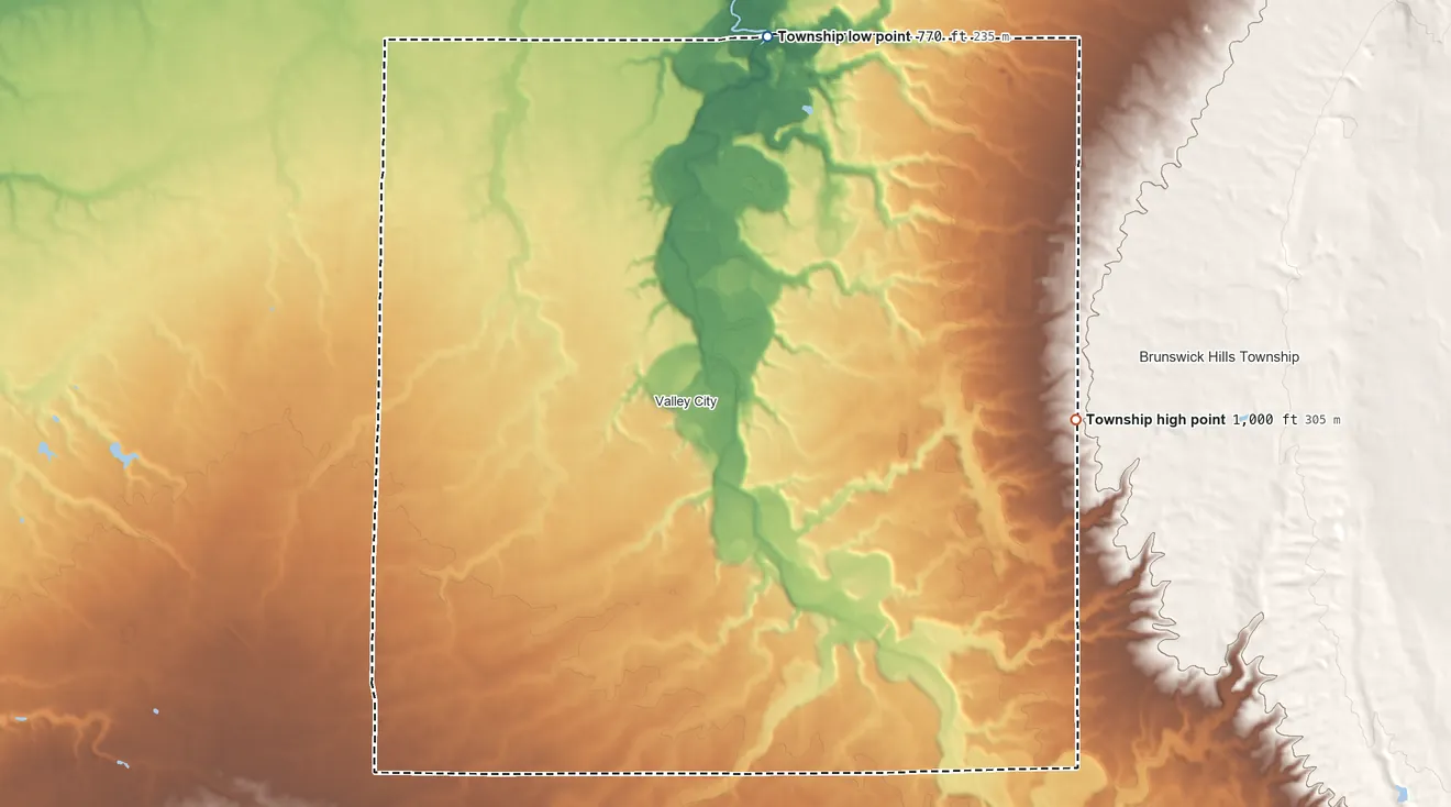 Topographic elevation map of Liverpool Township, Ohio, shaded from 770 ft on the north side to 1,000 ft on the east side