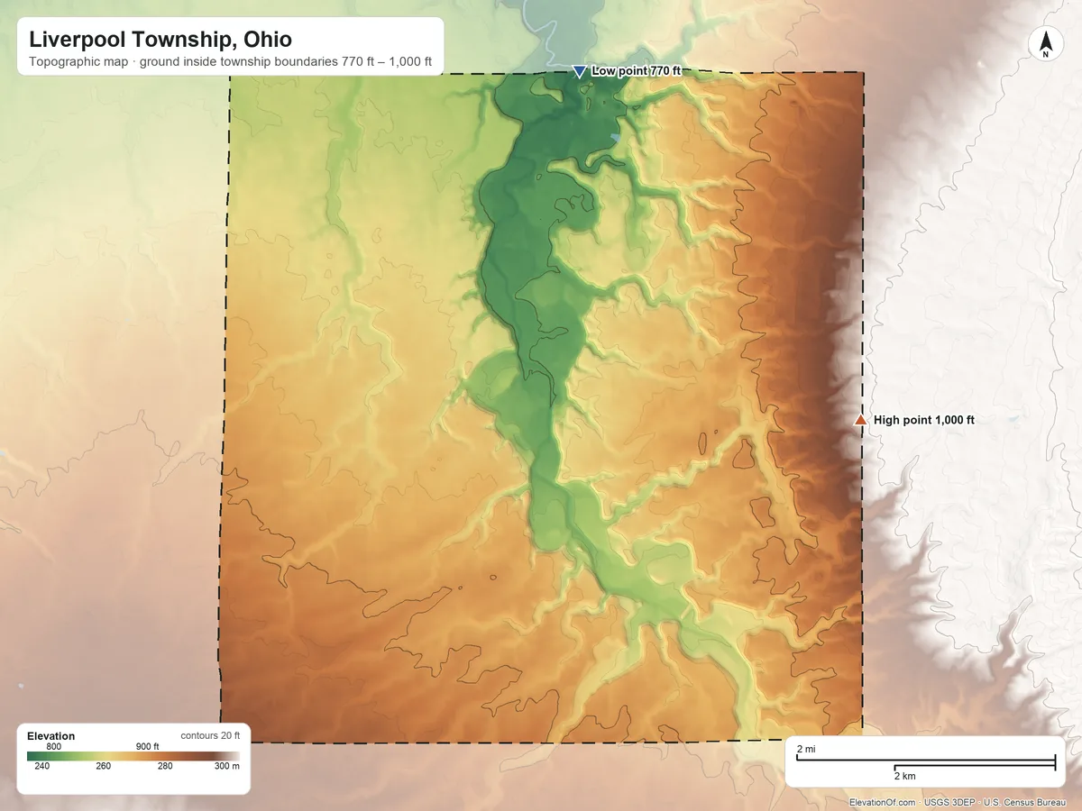 Topographic elevation map of Liverpool Township, Ohio, shaded from 770 ft on the north side to 1,000 ft on the east side