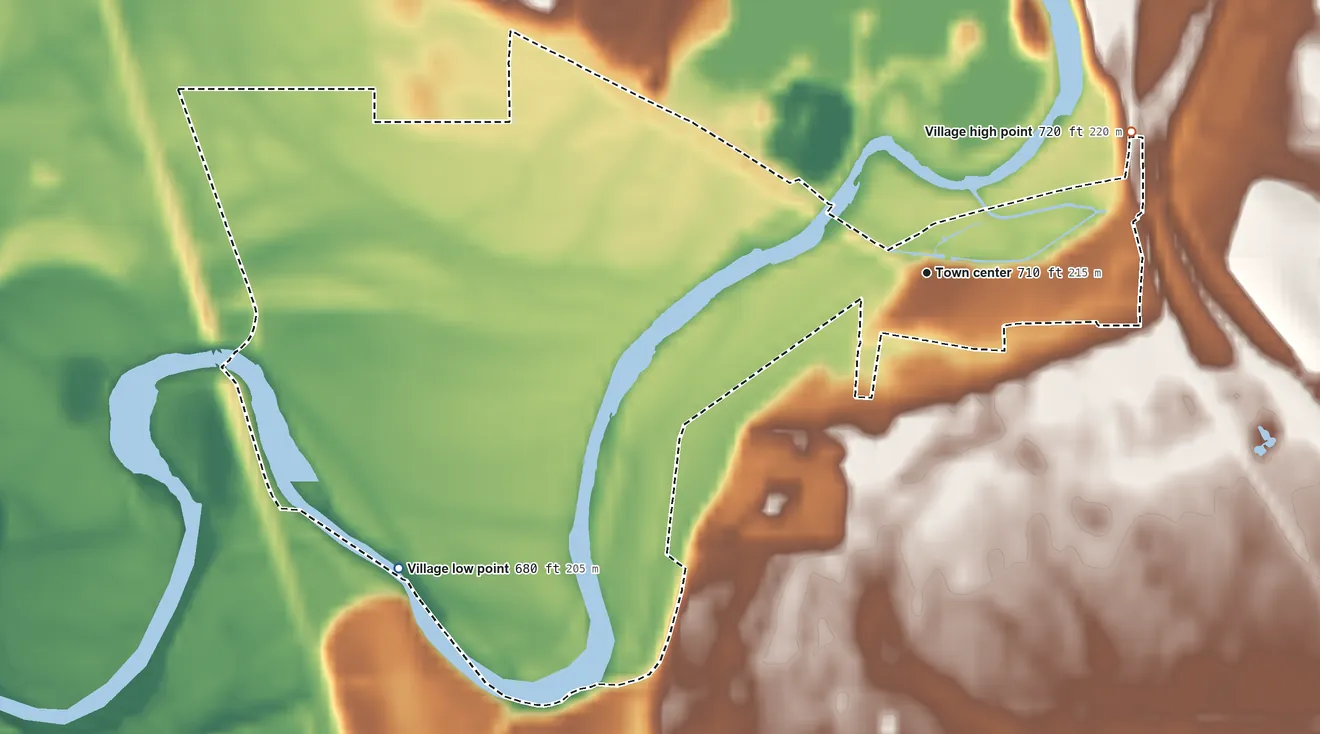 Topographic elevation map of Lockbourne, Ohio, shaded from 680 ft on the southwest side to 720 ft on the northeast side