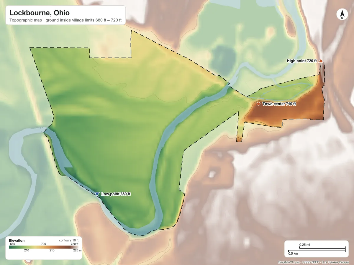 Topographic elevation map of Lockbourne, Ohio, shaded from 680 ft on the southwest side to 720 ft on the northeast side