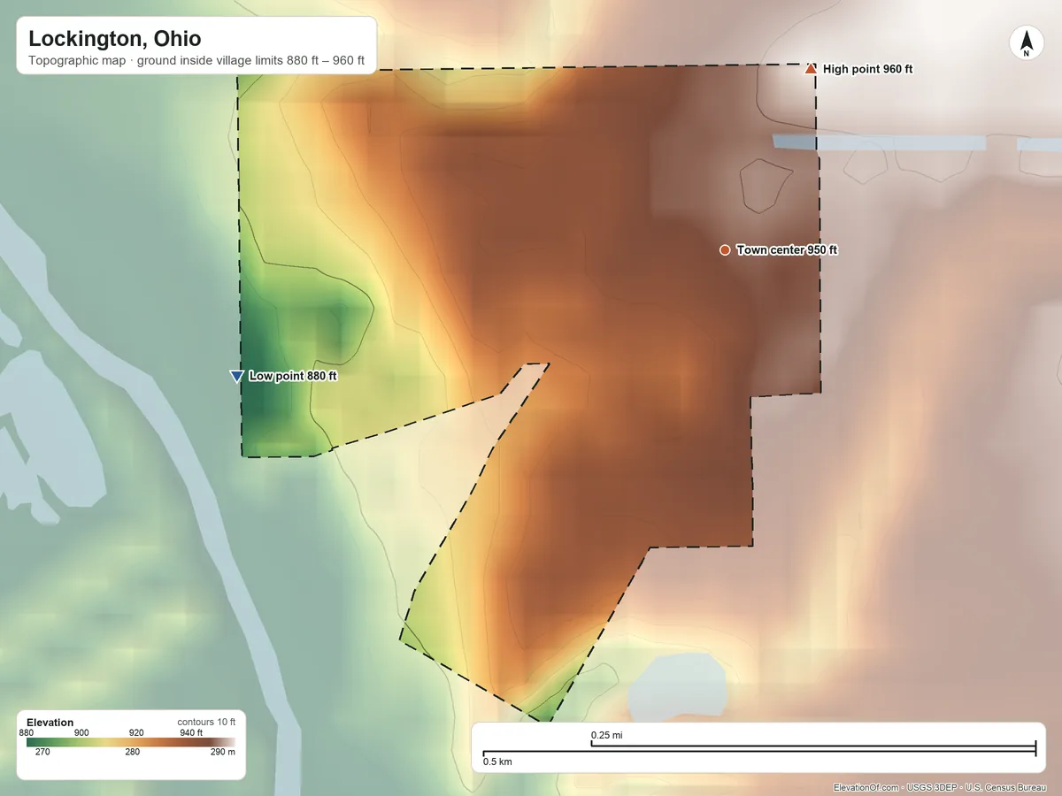 Topographic elevation map of Lockington, Ohio, shaded from 880 ft on the west side to 960 ft on the northeast side