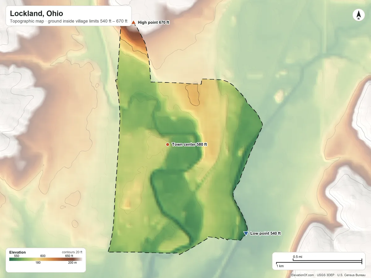 Topographic elevation map of Lockland, Ohio, shaded from 540 ft on the southeast side to 670 ft on the north side