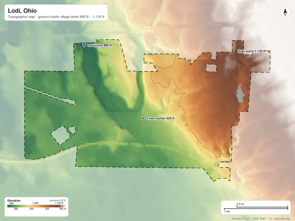Topographic elevation map of Lodi, Ohio, shaded from 880 ft on the northwest side to 1,130 ft on the northeast side
