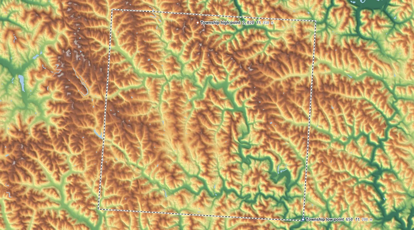 Topographic elevation map of Lodi Township, Ohio, shaded from 650 ft on the southeast side to 1,020 ft on the north side