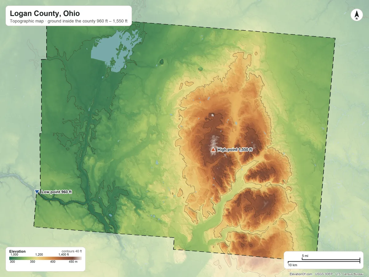 Topographic elevation map of Logan County, Ohio, shaded from 960 ft on the west side to 1,550 ft on Campbell Hill