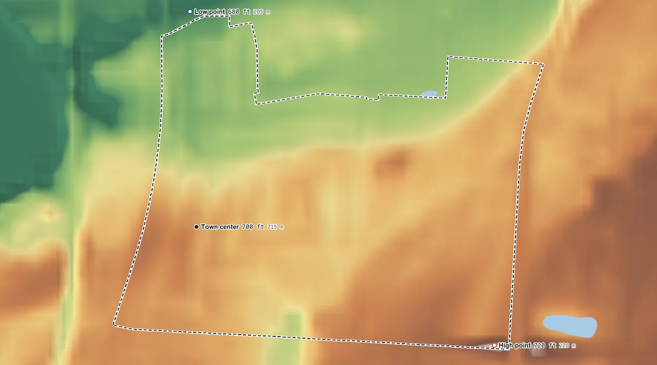 Topographic elevation map of Logan Elm Village, Ohio, shaded from 680 ft on the north side to 720 ft on the east side