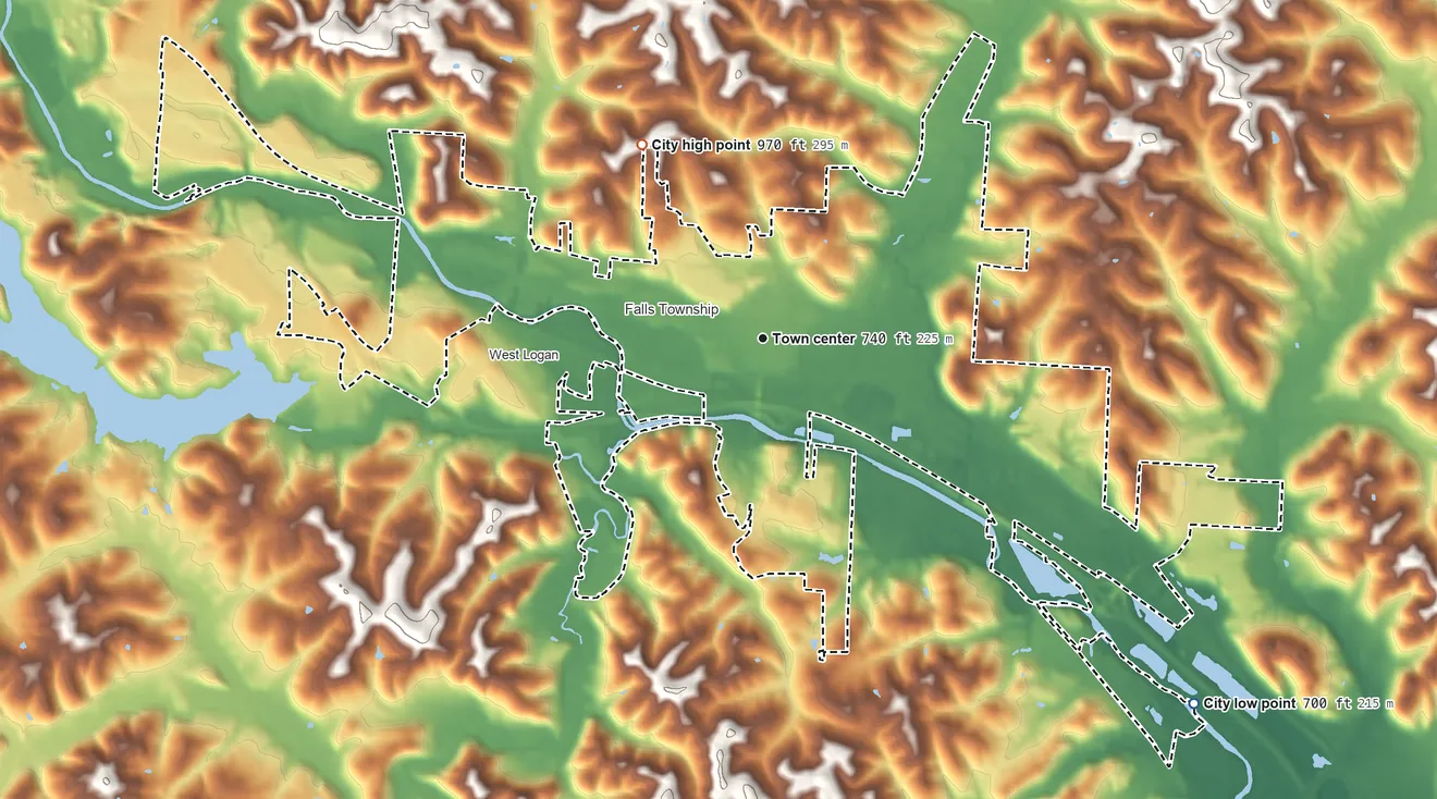 Topographic elevation map of Logan, Ohio, shaded from 700 ft on the southeast side to 970 ft on the northwest side