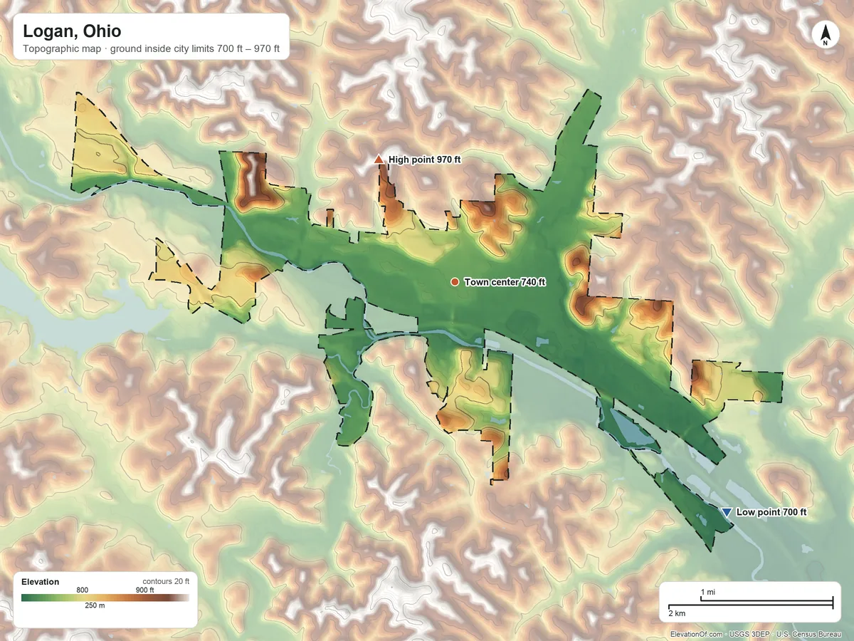 Topographic elevation map of Logan, Ohio, shaded from 700 ft on the southeast side to 970 ft on the northwest side