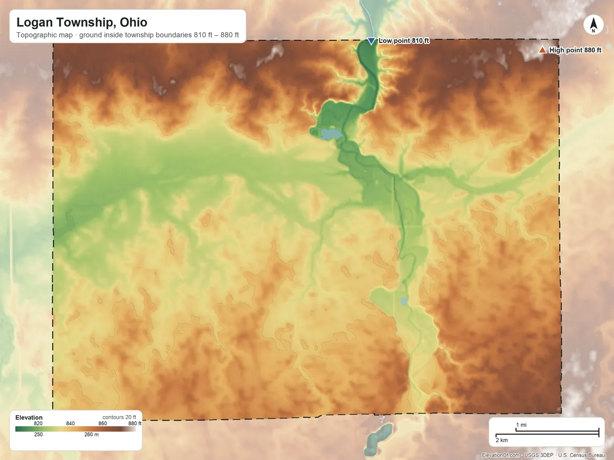 Topographic elevation map of Logan Township, Ohio, shaded from 810 ft on the north side to 880 ft on the northeast side