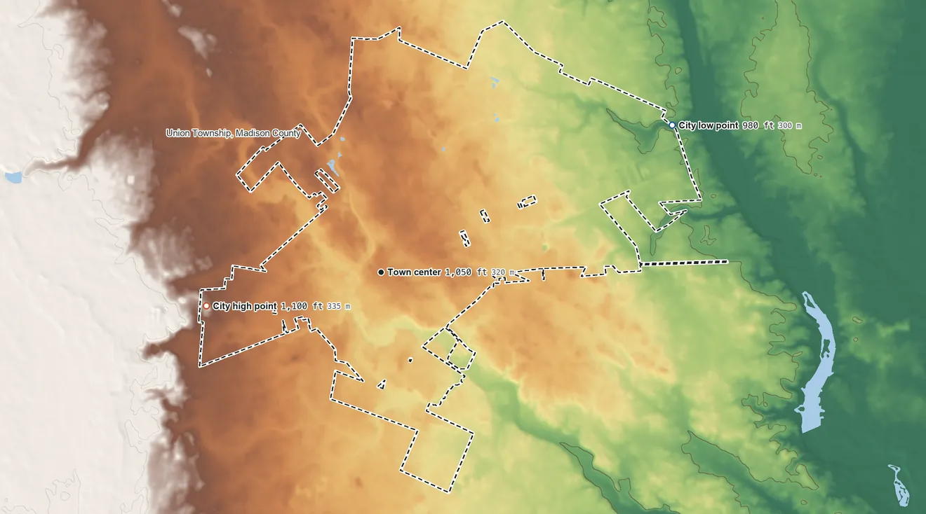 Topographic elevation map of London, Ohio, shaded from 980 ft on the northeast side to 1,100 ft on the west side