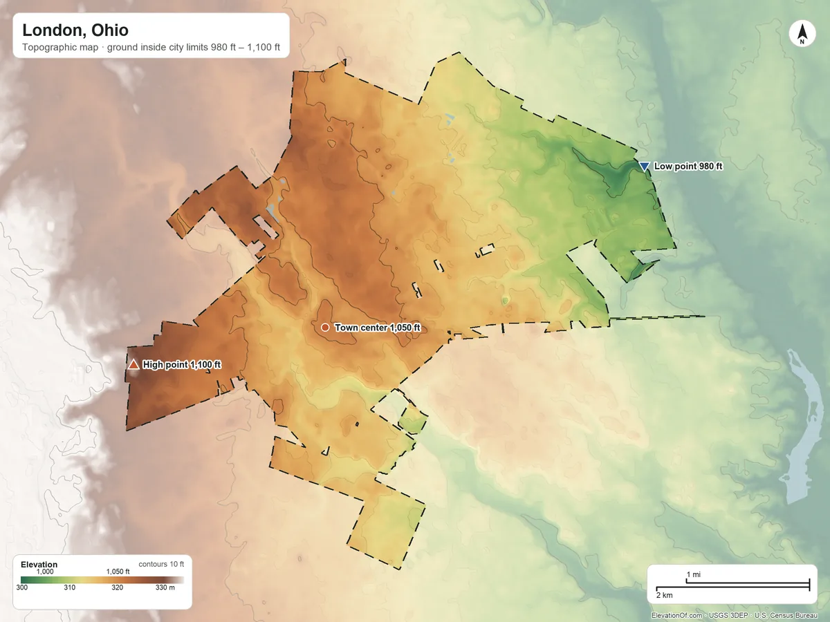 Topographic elevation map of London, Ohio, shaded from 980 ft on the northeast side to 1,100 ft on the west side