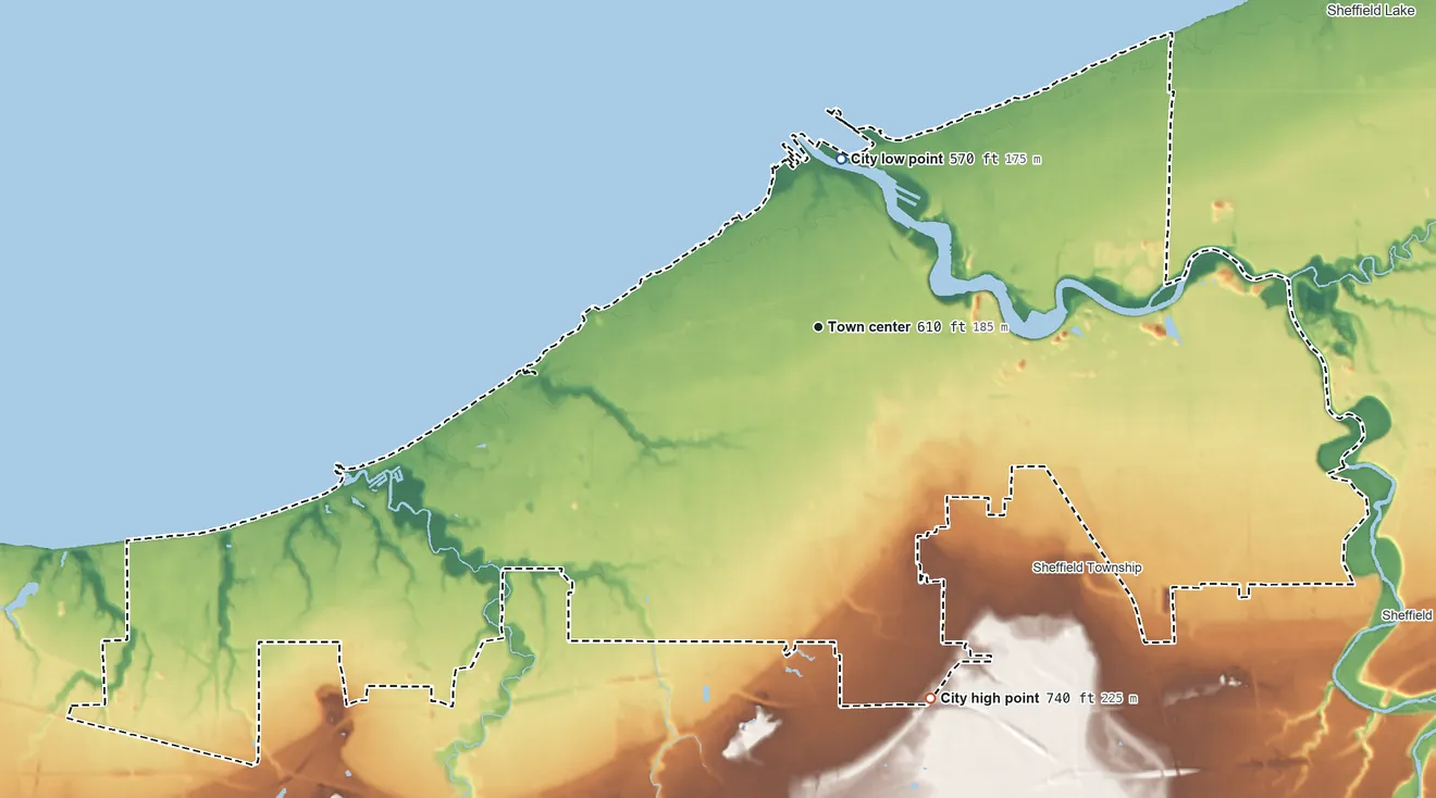 Topographic elevation map of Lorain, Ohio, shaded from 570 ft on the north side to 740 ft on the south side