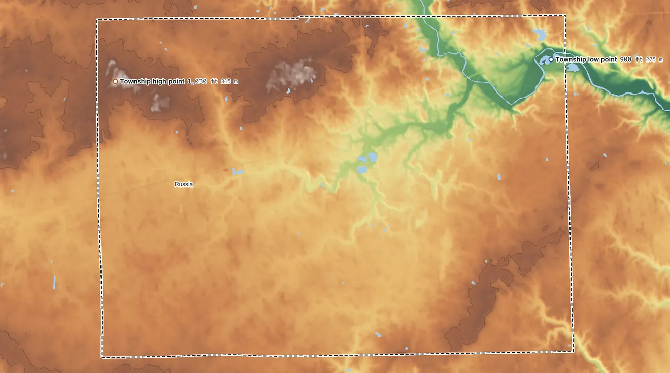 Topographic elevation map of Loramie Township, Ohio, shaded from 900 ft on the northeast side to 1,030 ft on the northwest side
