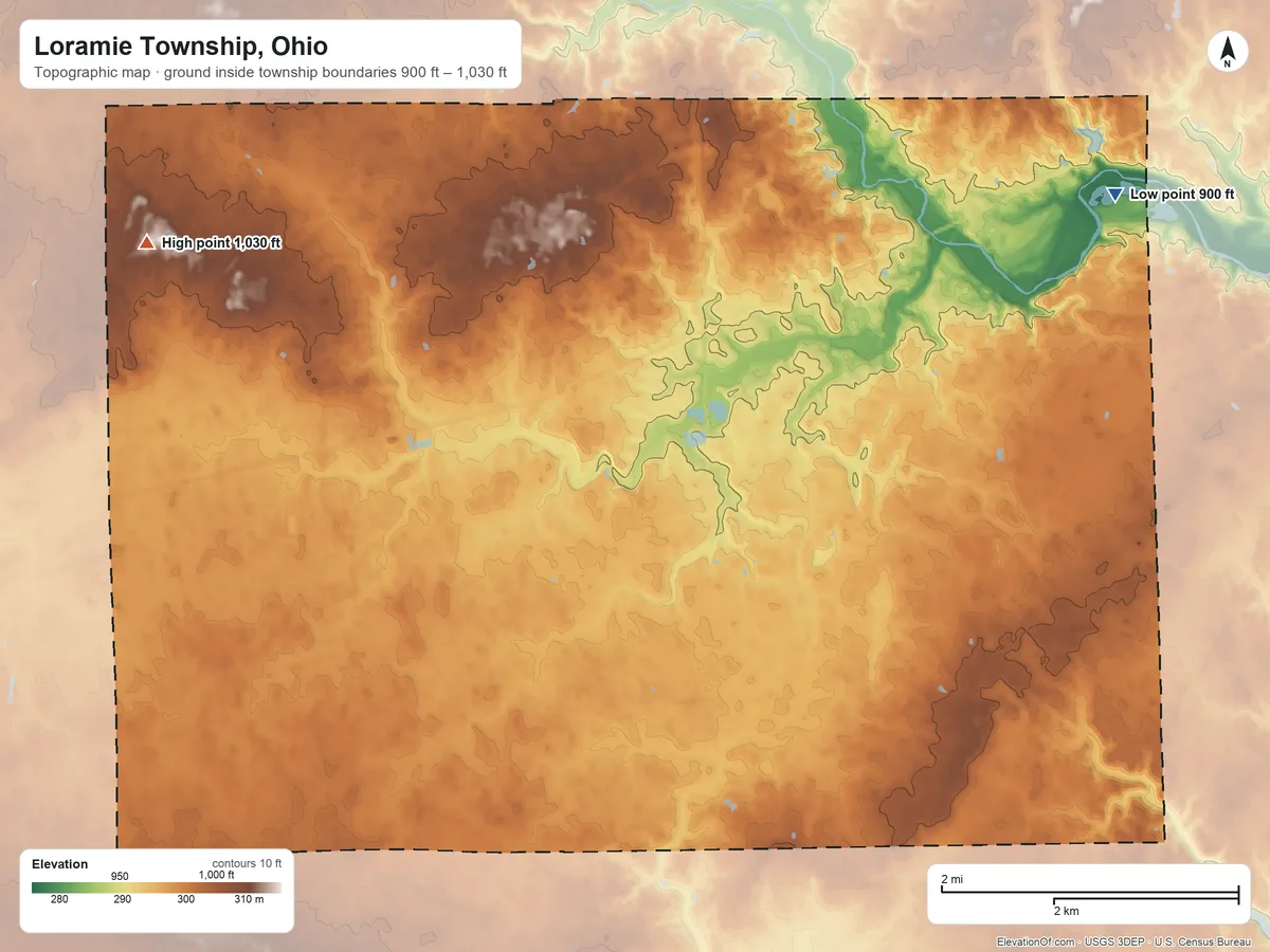 Topographic elevation map of Loramie Township, Ohio, shaded from 900 ft on the northeast side to 1,030 ft on the northwest side