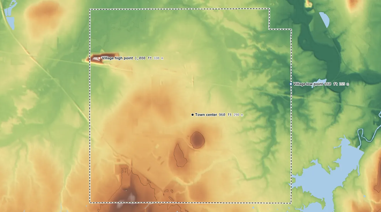 Topographic elevation map of Lordstown, Ohio, shaded from 860 ft on the east side to 1,080 ft on the northwest side