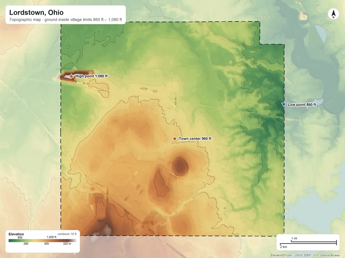 Topographic elevation map of Lordstown, Ohio, shaded from 860 ft on the east side to 1,080 ft on the northwest side