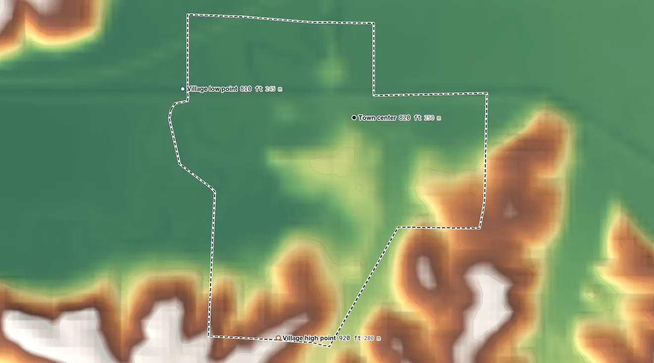 Topographic elevation map of Lore City, Ohio, shaded from 810 ft on the west side to 920 ft on the south side