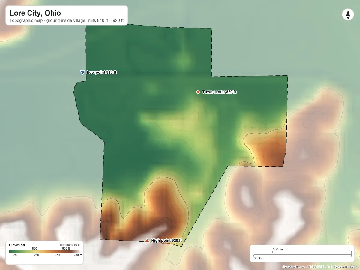 Topographic elevation map of Lore City, Ohio, shaded from 810 ft on the west side to 920 ft on the south side