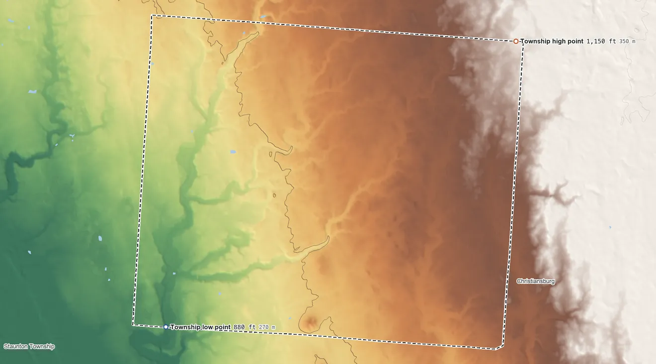 Topographic elevation map of Lostcreek Township, Ohio, shaded from 880 ft on the southwest side to 1,150 ft on the northeast side