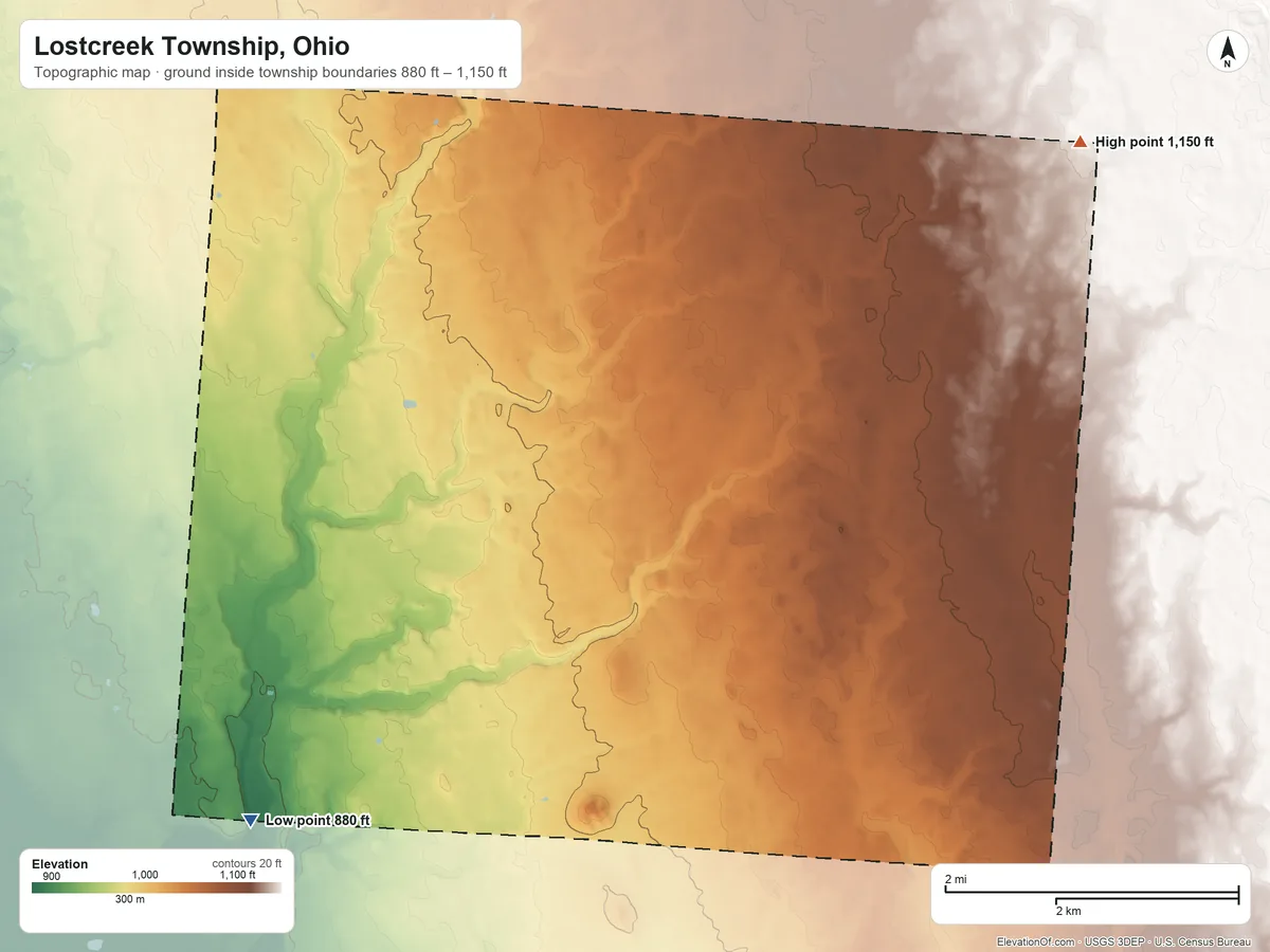 Topographic elevation map of Lostcreek Township, Ohio, shaded from 880 ft on the southwest side to 1,150 ft on the northeast side