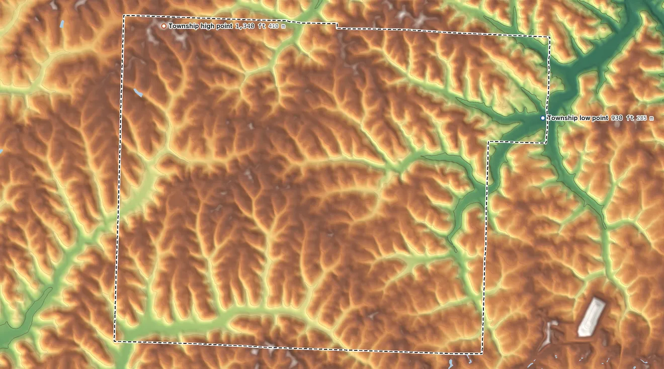 Topographic elevation map of Loudon Township, Carroll County, Ohio, shaded from 930 ft on the east side to 1,340 ft on the northwest side