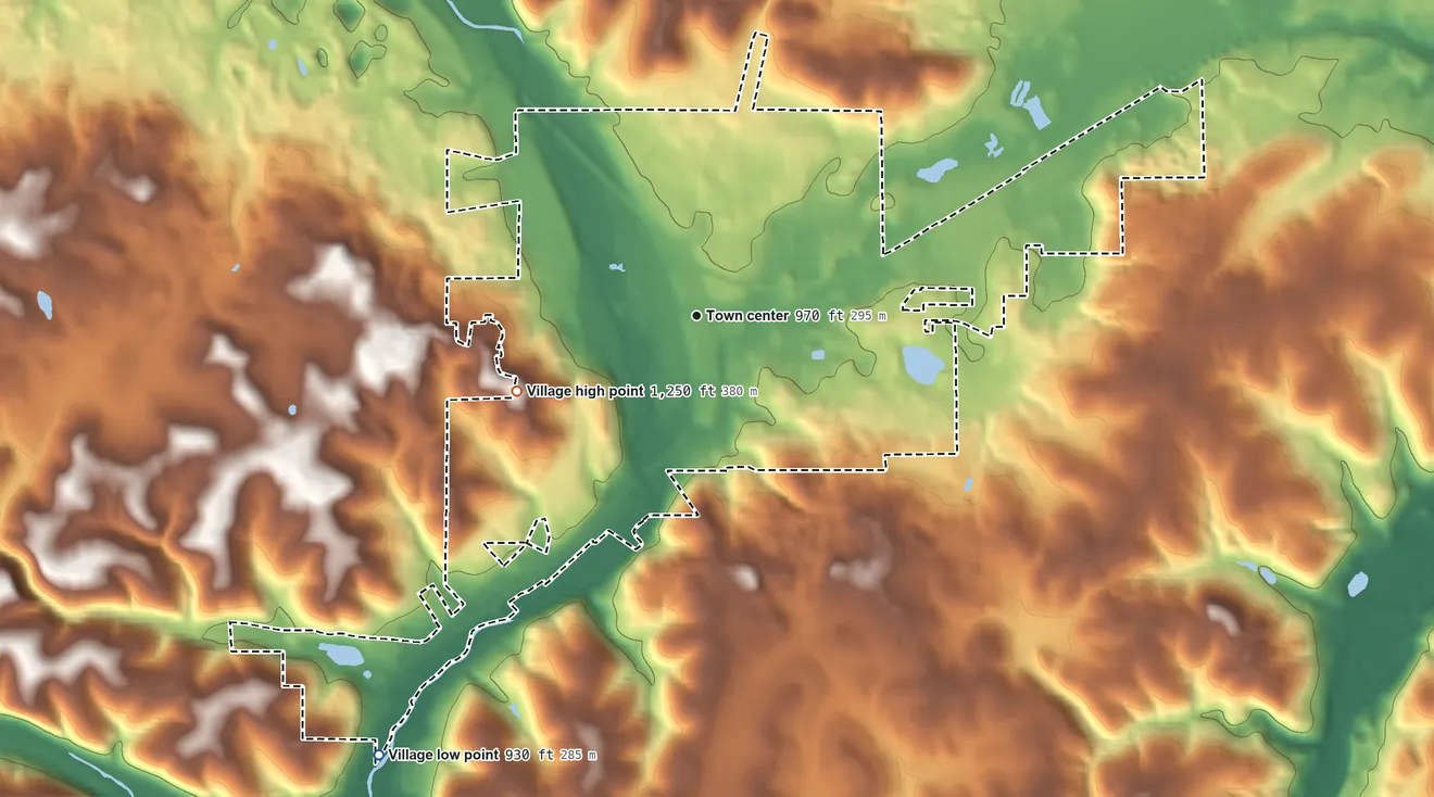 Topographic elevation map of Loudonville, Ohio, shaded from 930 ft on the southwest side to 1,250 ft on the southwest side