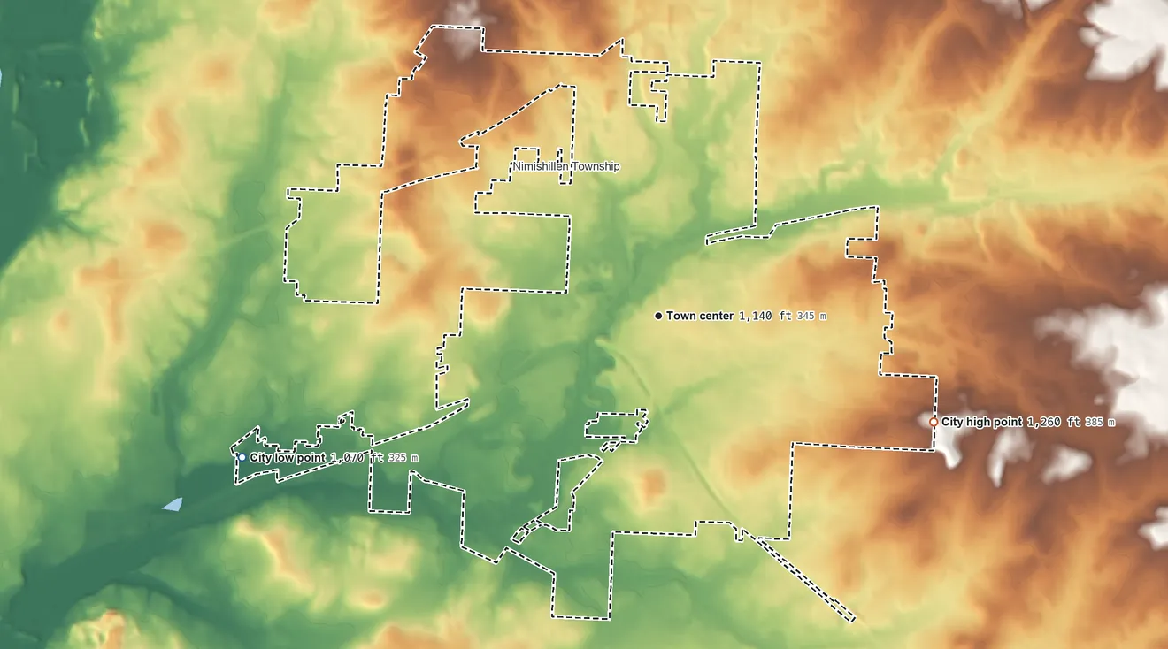 Topographic elevation map of Louisville, Ohio, shaded from 1,070 ft on the west side to 1,260 ft on the east side