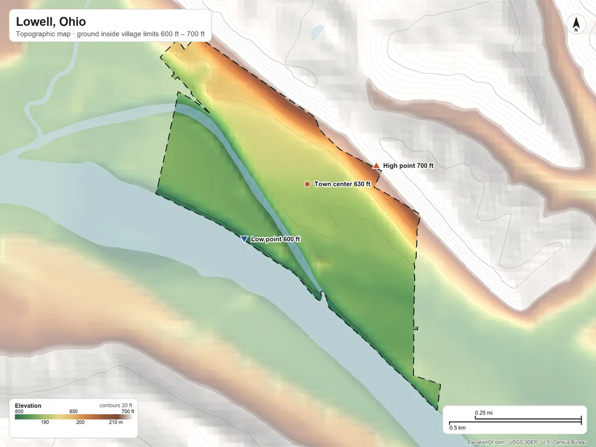Topographic elevation map of Lowell, Ohio, shaded from 600 ft on the southwest side to 700 ft on the east side