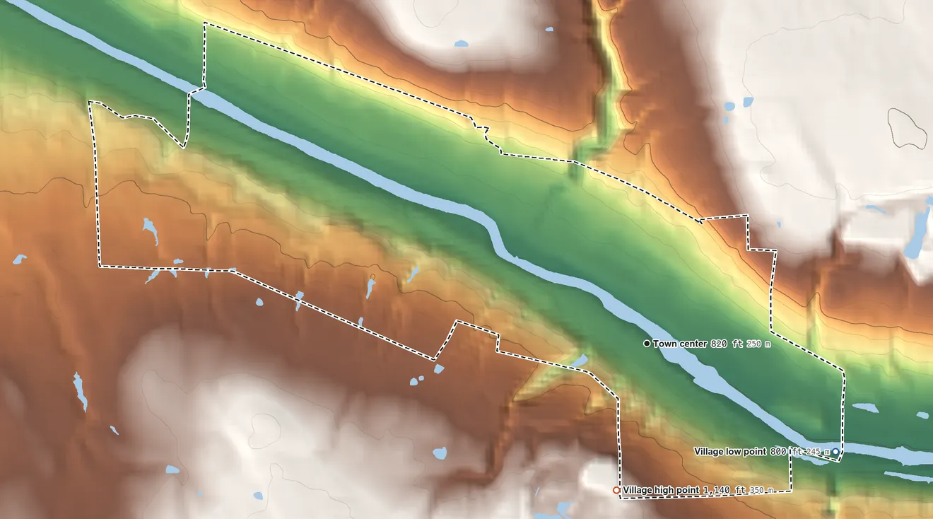 Topographic elevation map of Lowellville, Ohio, shaded from 800 ft on the southeast side to 1,140 ft on the south side